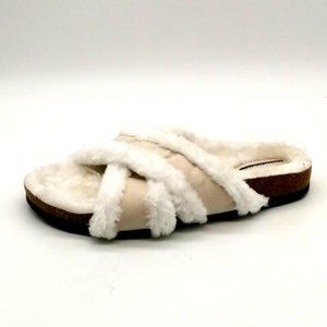 Maurices Womens Wedge Heel Slide Slipper Faux Fur Cushioned‎ Beige White No Size